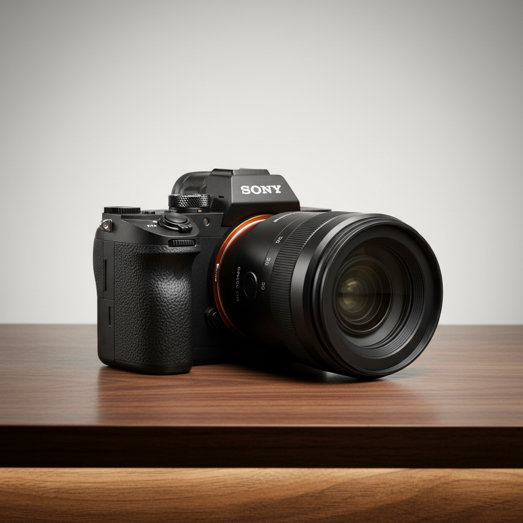 Sony mirrorless camera on dark surface, professional photography equipment, studio setting