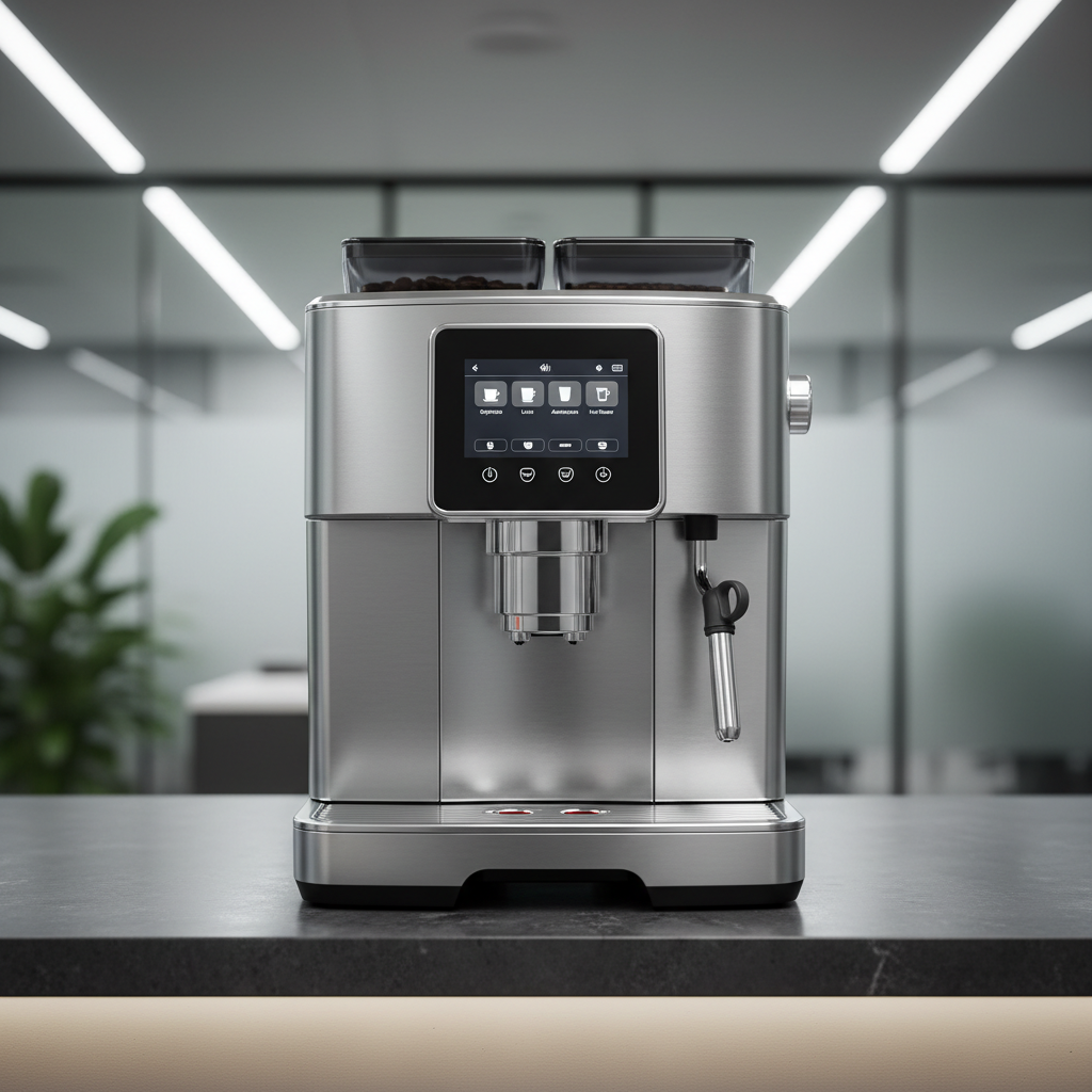 Premium bean-to-cup coffee machine with digital touchscreen in modern office kitchen with warm ambient lighting