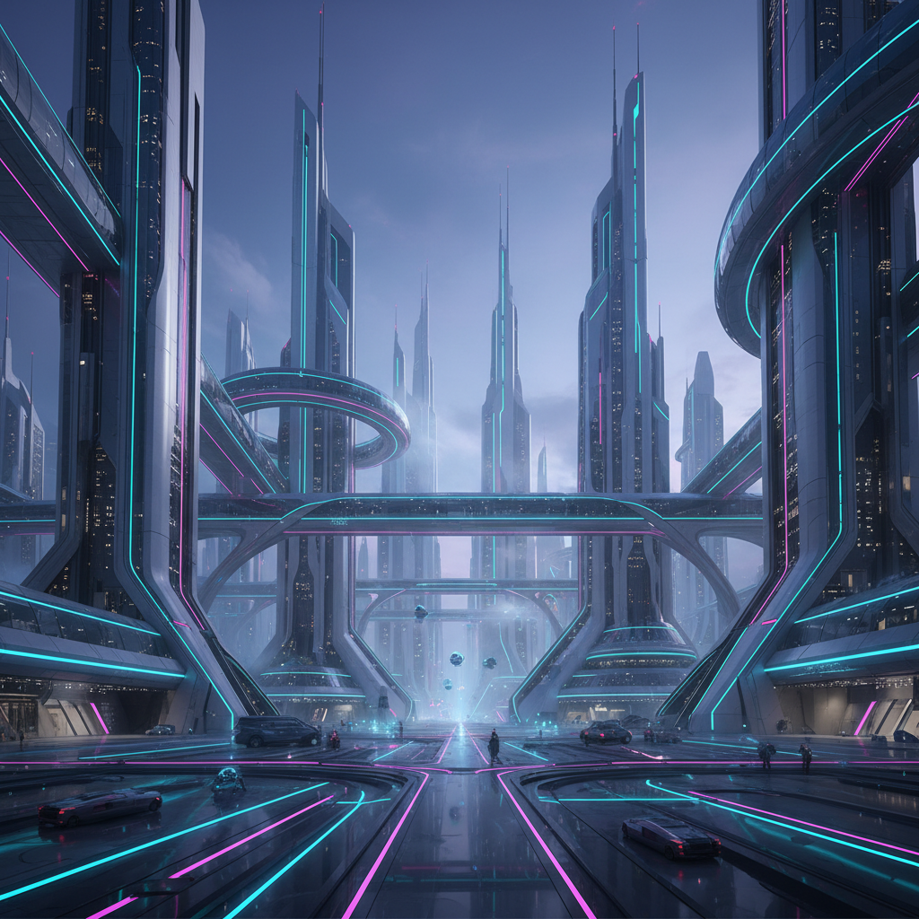 Futuristic architectural environment render with volumetric fog and neon accent lighting