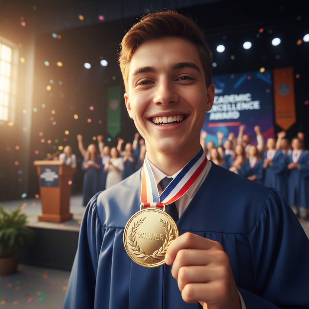 Young male student holding gold medal with proud expression