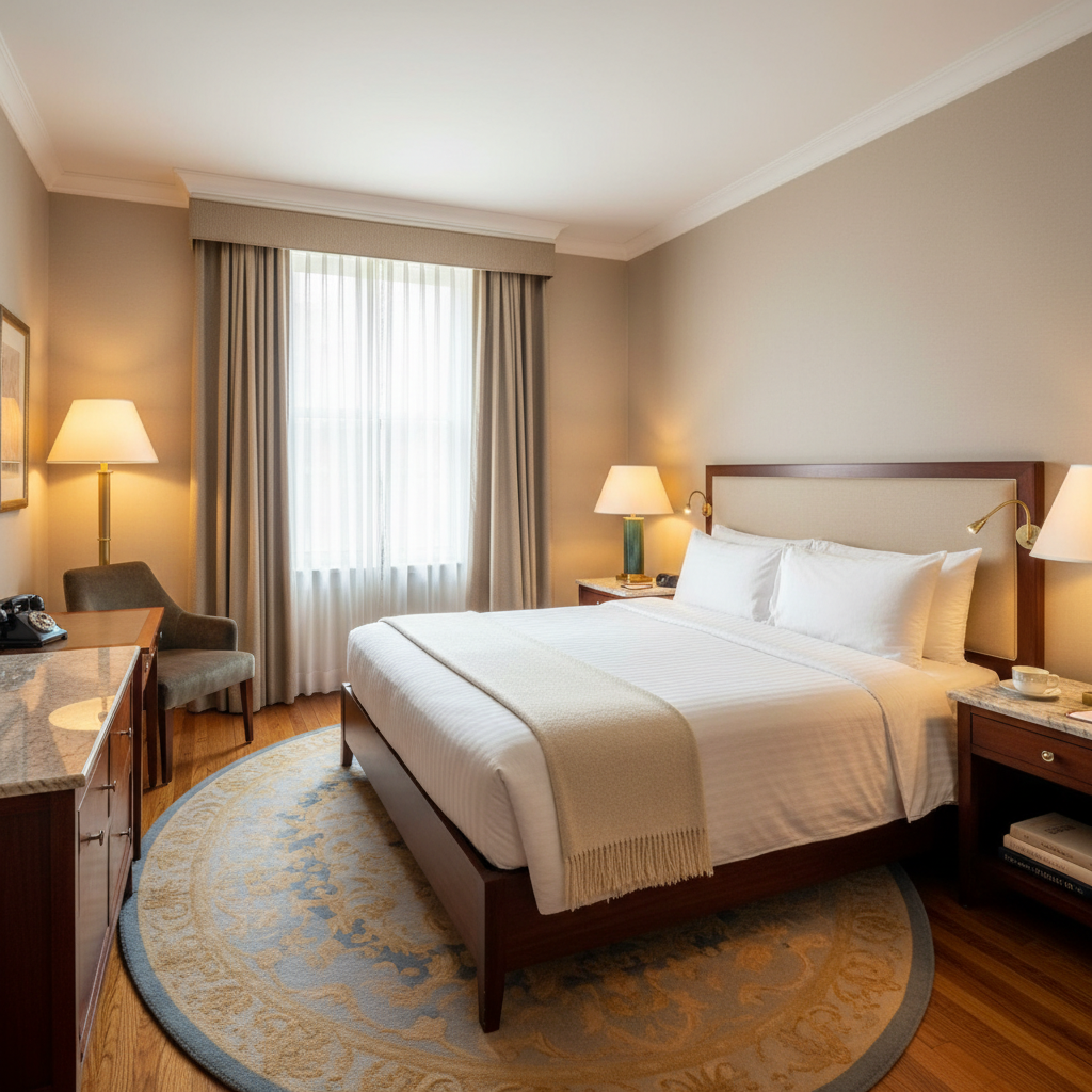 Kamar hotel dengan AC terpasang di dinding, tempat tidur rapi, suasana sejuk dan bersih