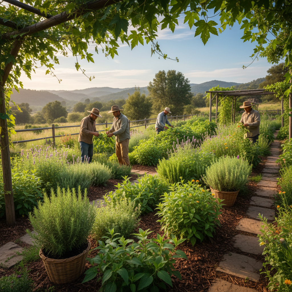 Farmer tending raised garden beds, bright daylight, lush green plants, earthy soil visible