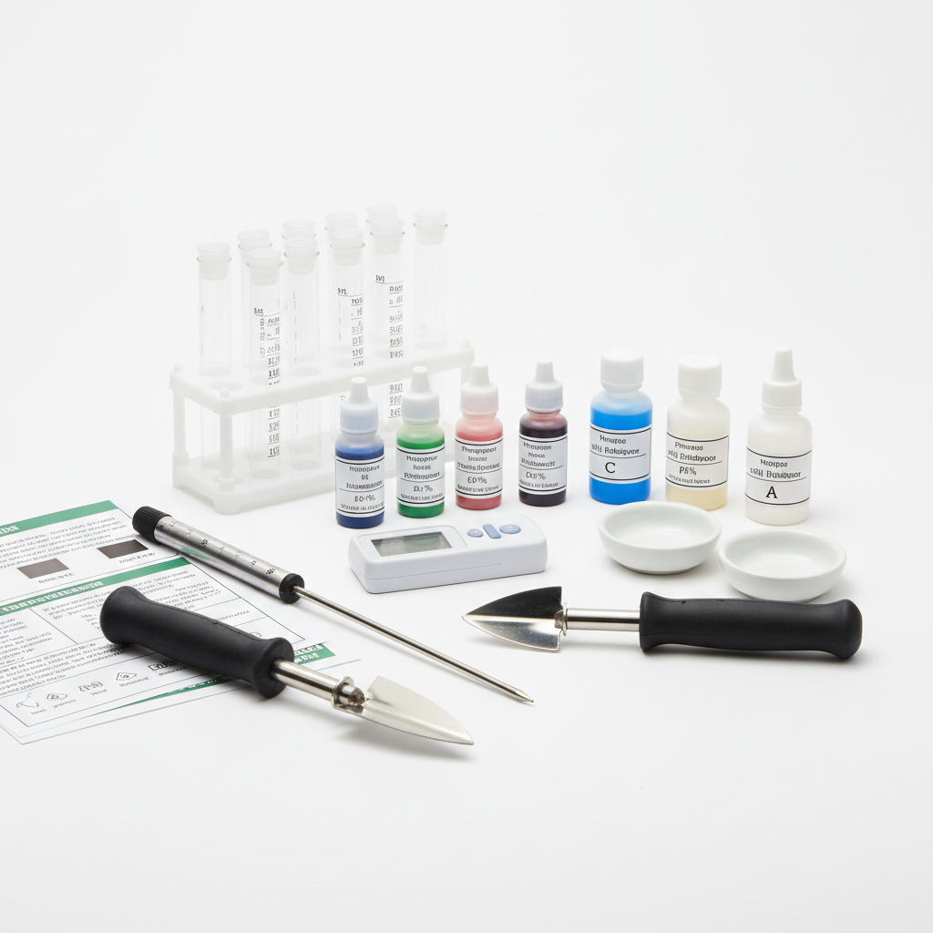 Agricultural soil testing kit with test tubes and soil samples on wooden table, laboratory setting