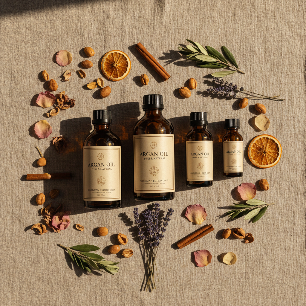 Hair oil and botanical ingredients styled on cream linen, soft warm ambient light