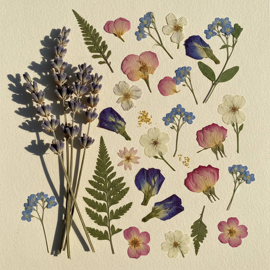 Pressed dried flowers arranged on cream paper, soft natural light, intimate and preserved