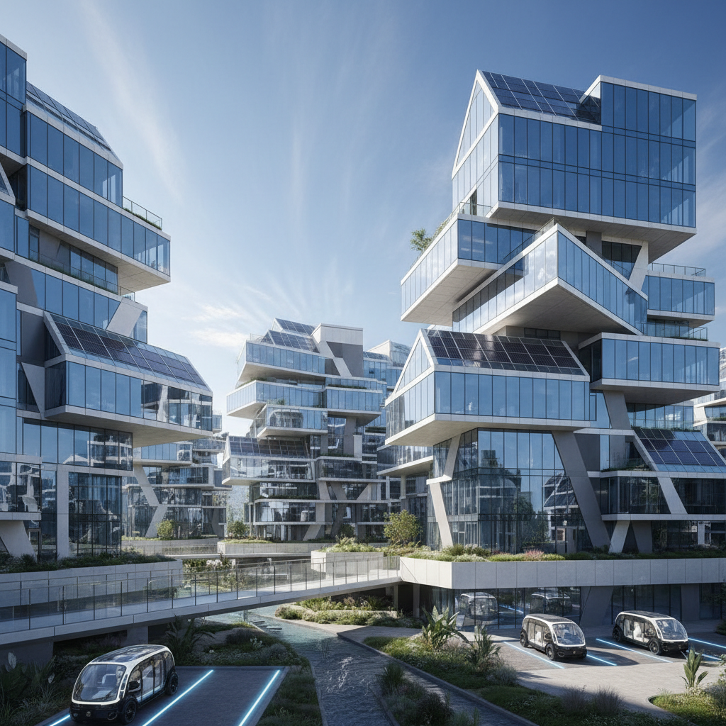 Modern residential apartment complex with glass facade, bright sunlit exterior, blue sky background