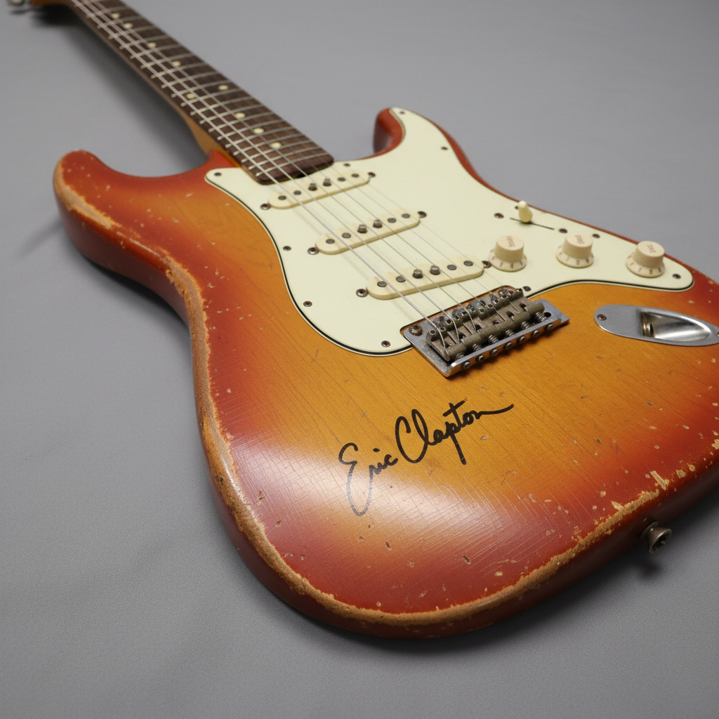 Vintage electric guitar with visible signature under macro photography lighting