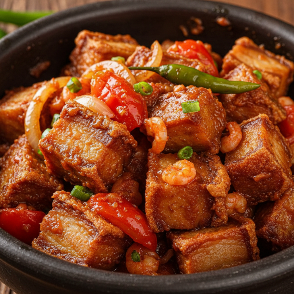 Filipino binagoongang baboy pork with shrimp paste and mangoes in dark clay pot, rustic wooden table