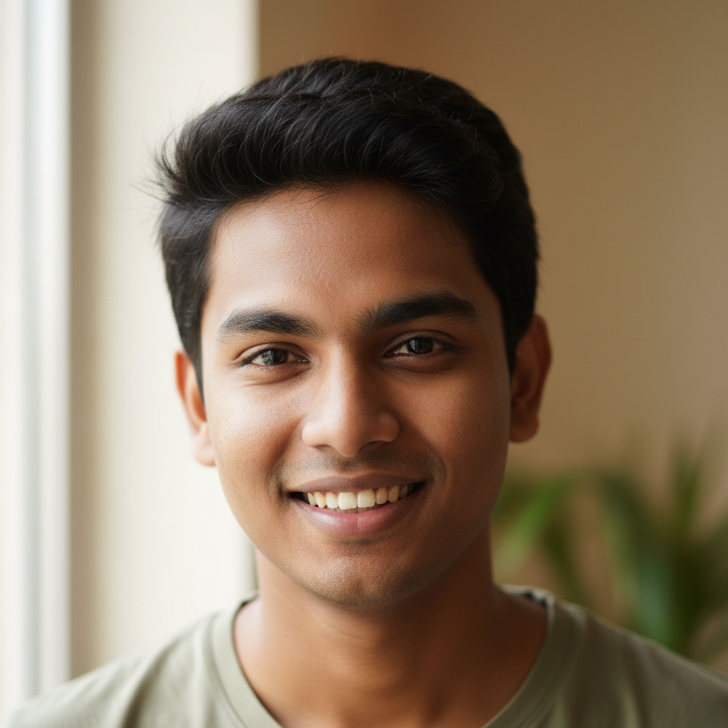 Bangladeshi man in casual shirt, neutral background, professional portrait