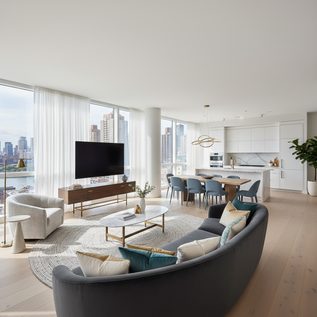 Modern luxury apartment with city views, bright interiors, premium finishes
