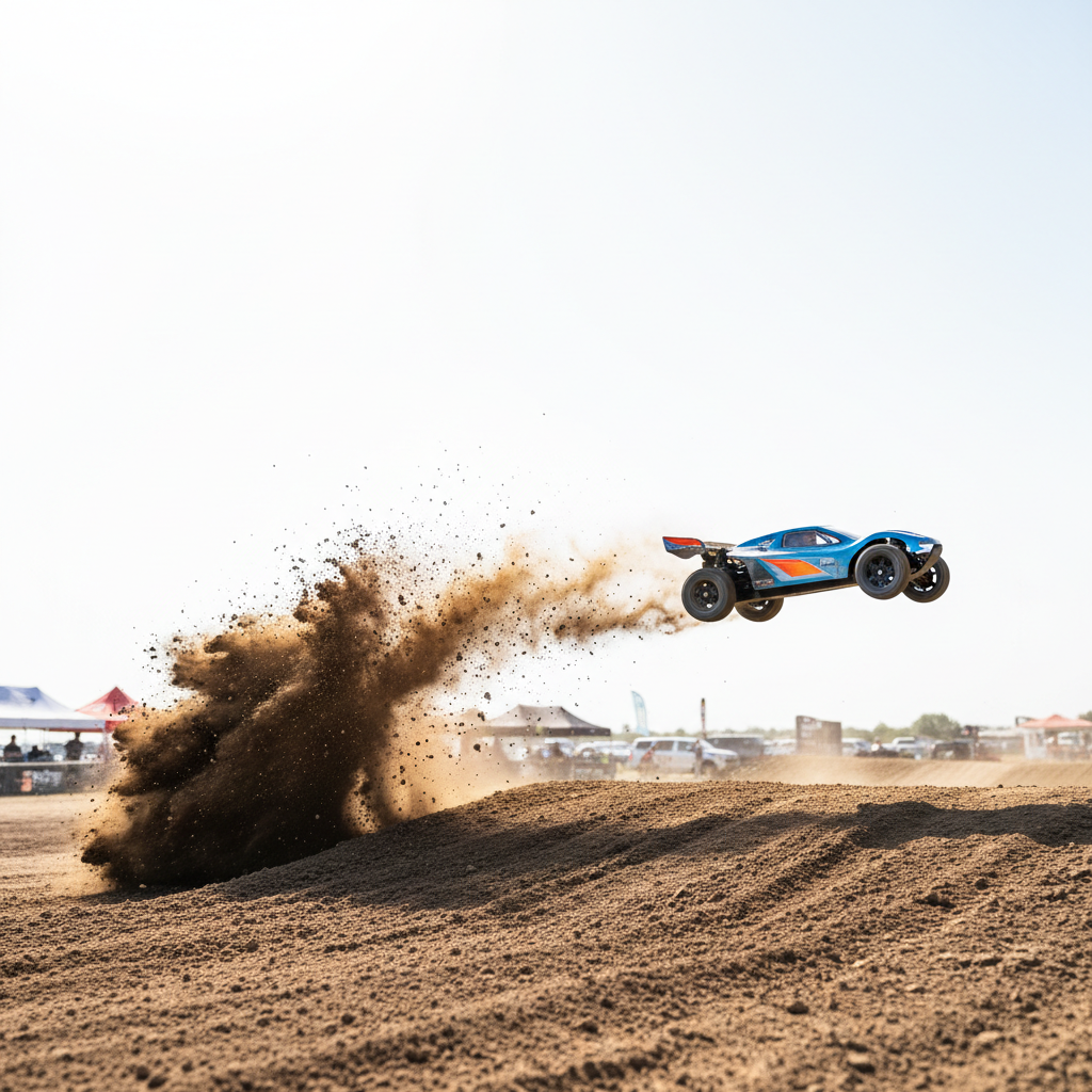 1/10-scale RC buggy mid-jump frozen against blown-out sky, rooster tail of dirt hanging in air, shallow depth of field blurring pit tents