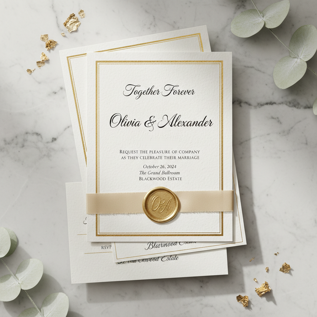Delicate wedding invitation envelope with hand-lettered address in gold ink