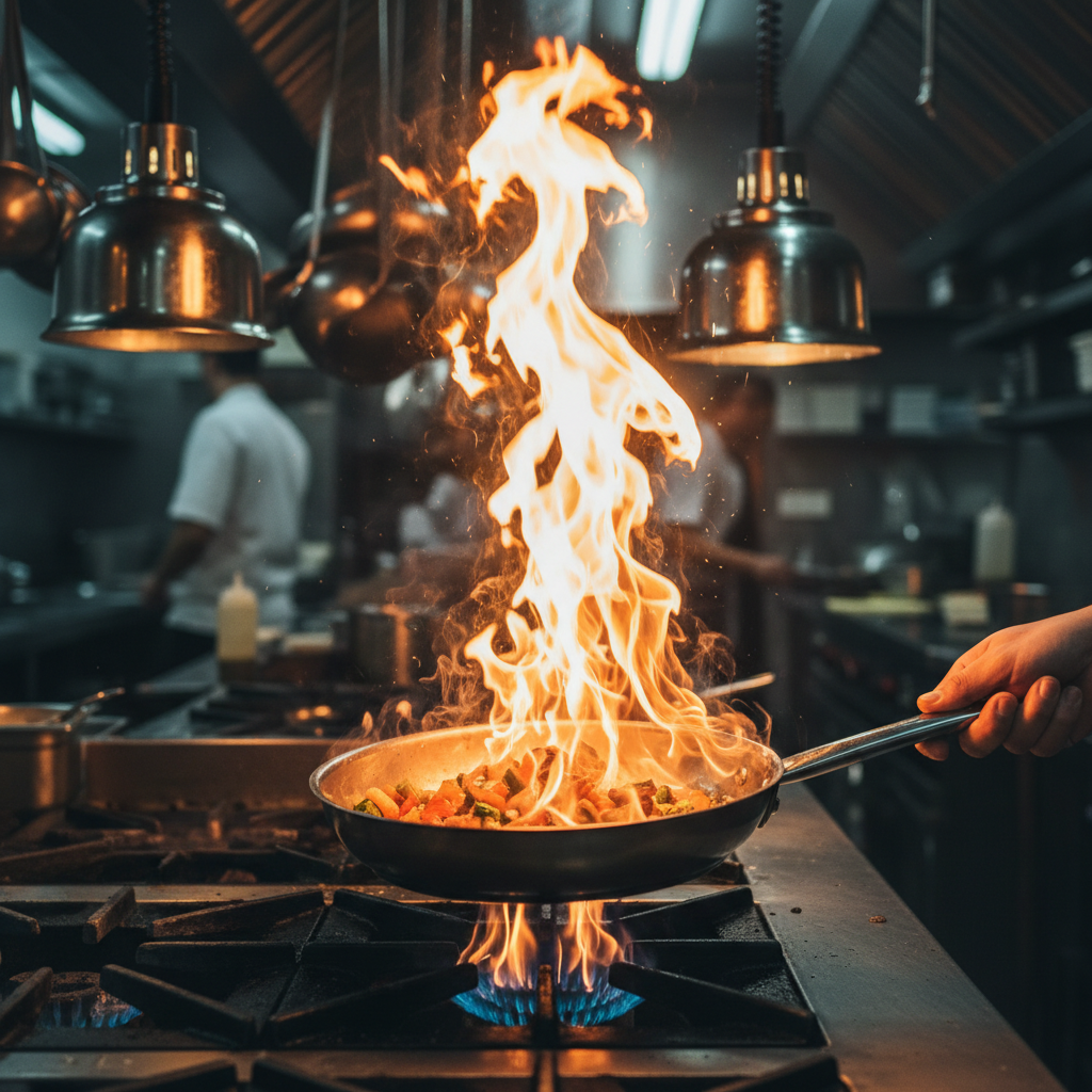 Flames leaping from a sauté pan in dramatic kitchen action shot