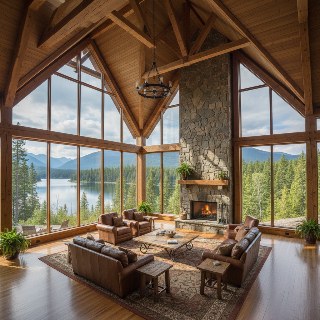 Spacious open-plan vacation rental living room with floor-to-ceiling windows overlooking Lake Tahoe