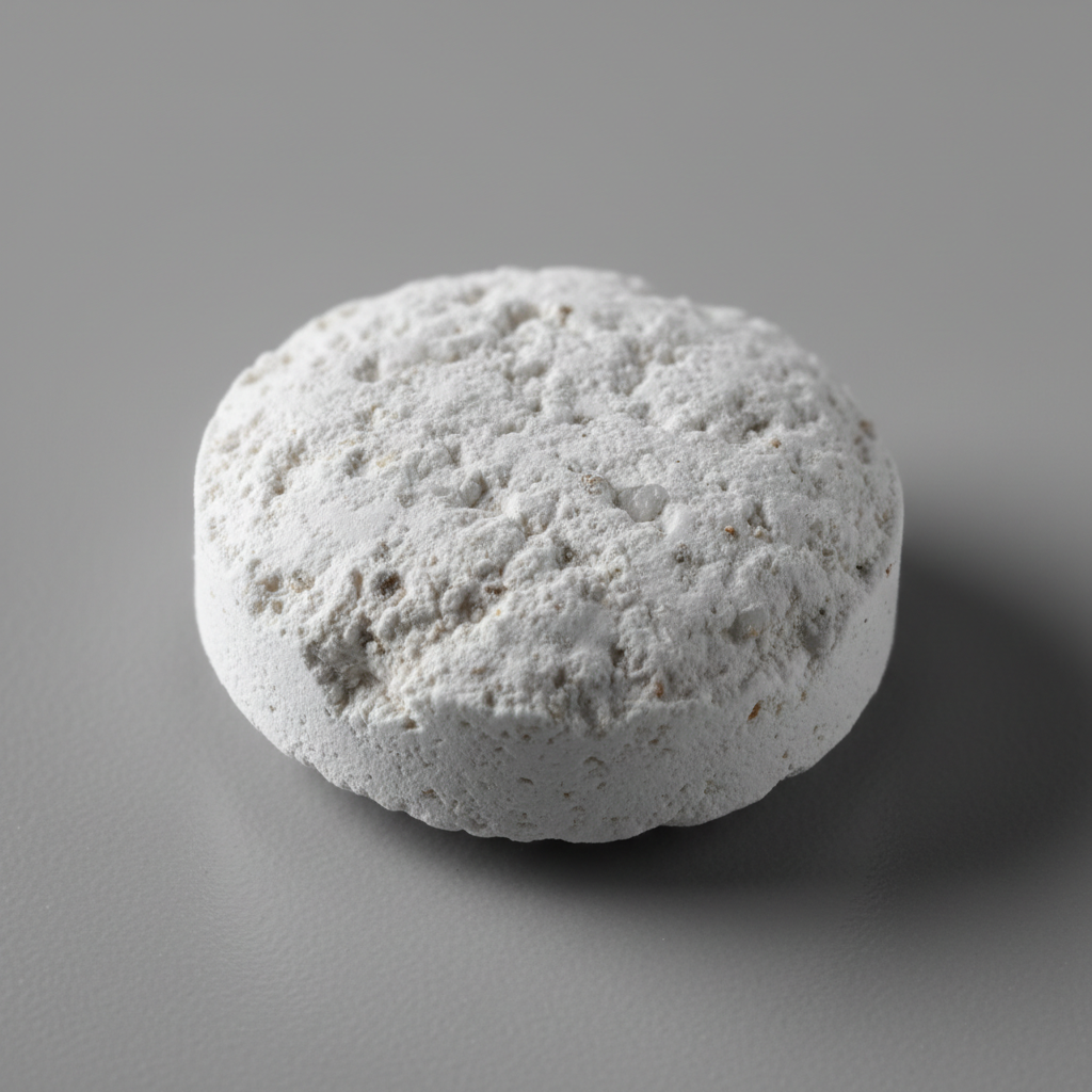 Uncoated pharmaceutical tablet showing chalky surface with visible imperfections and rough texture under laboratory lighting