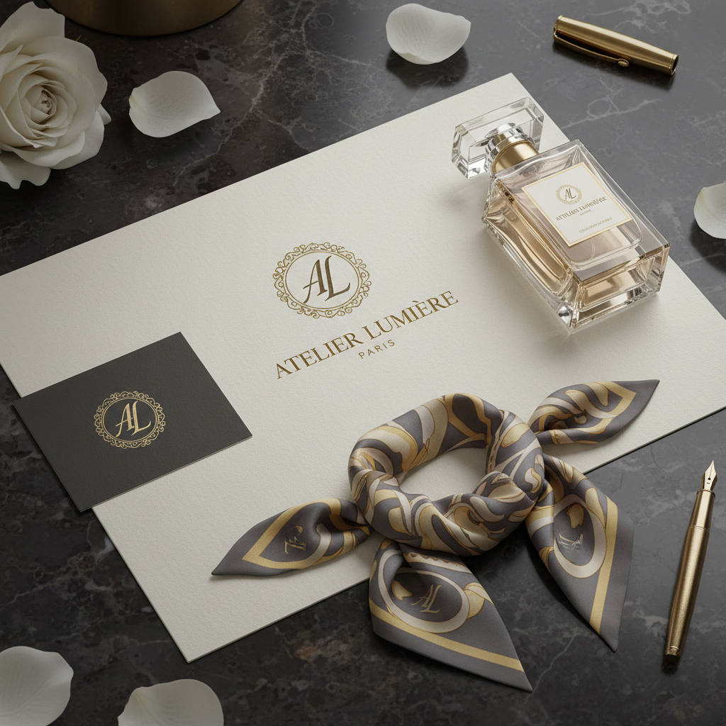 Brand identity mockup showing business cards, letterhead, and stationery set on a marble surface