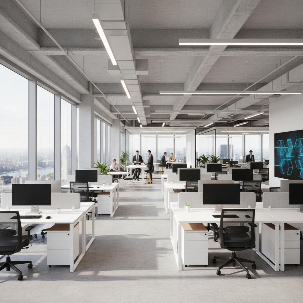Bright open-plan office with large windows, white walls, natural daylight, person at laptop — light well-lit environment for dark text overlay
