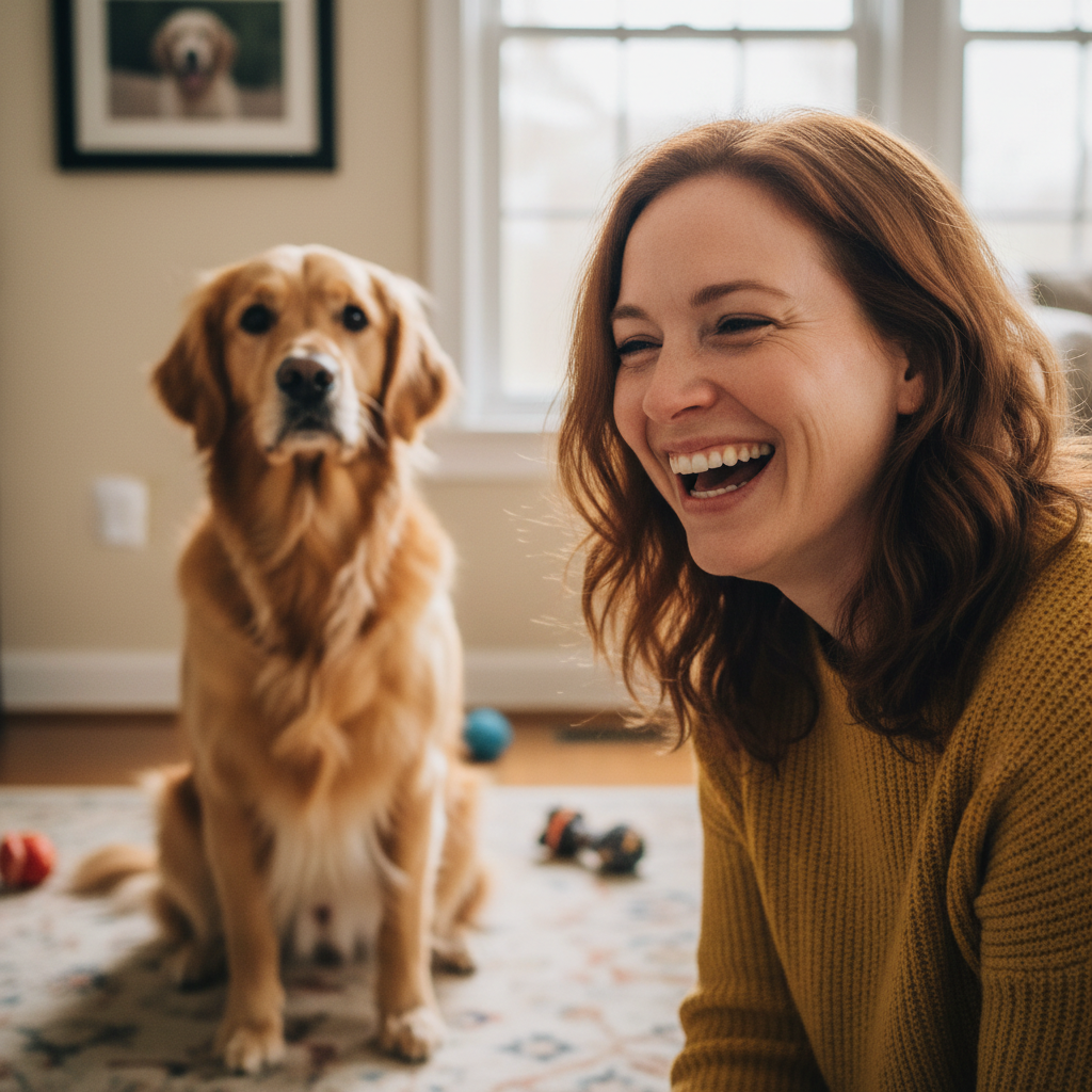 Owner laughing with tears in her eyes while her reactive dog holds a down-stay
