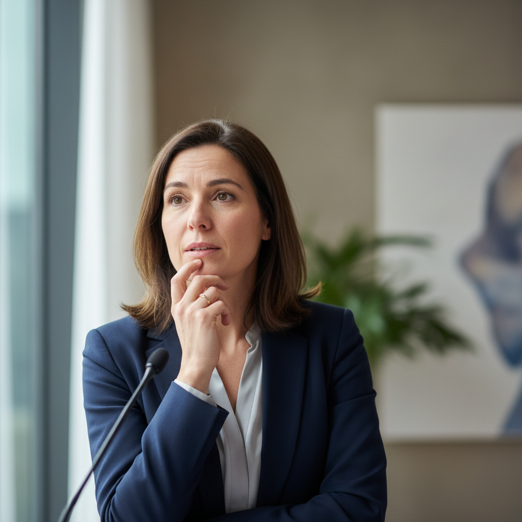 Person speaking clearly and confidently to a small group in a modern workspace, focused and articulate expression
