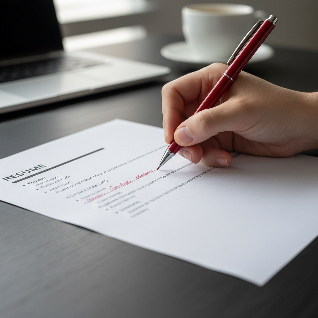 A hand with a red pen marking up a printed resume draft on a dark desk