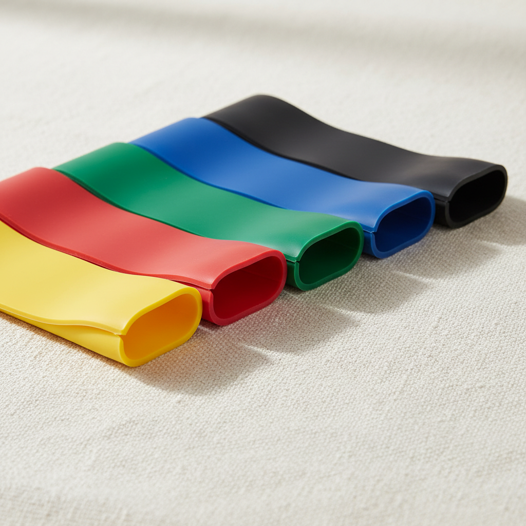 Colorful resistance bands neatly displayed on a minimal surface