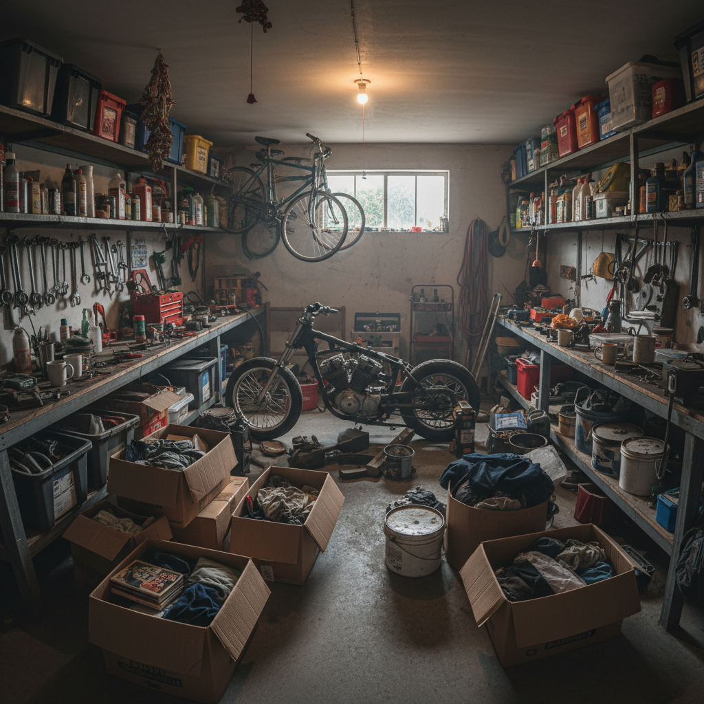 Cluttered garage filled with old furniture, boxes, and appliances in a Nashville home, dim interior lighting, chaotic