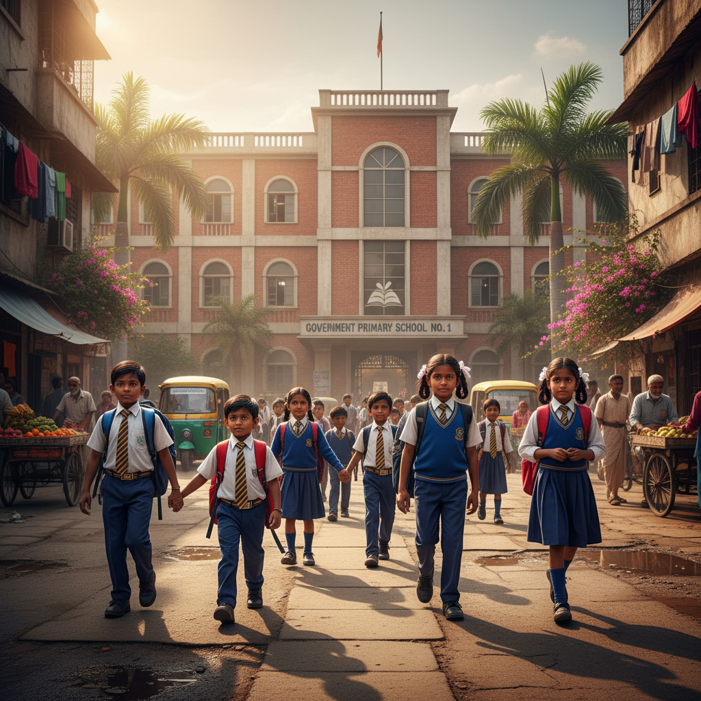 Children in school uniforms walking to a public school in an emerging market