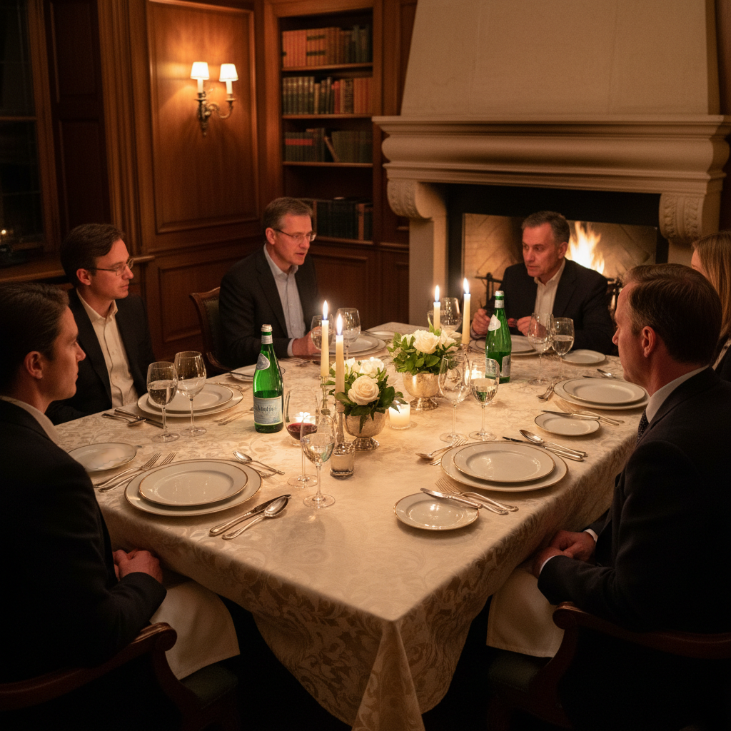 Intimate private dinner table with elegant plating, candles, and warm atmospheric lighting