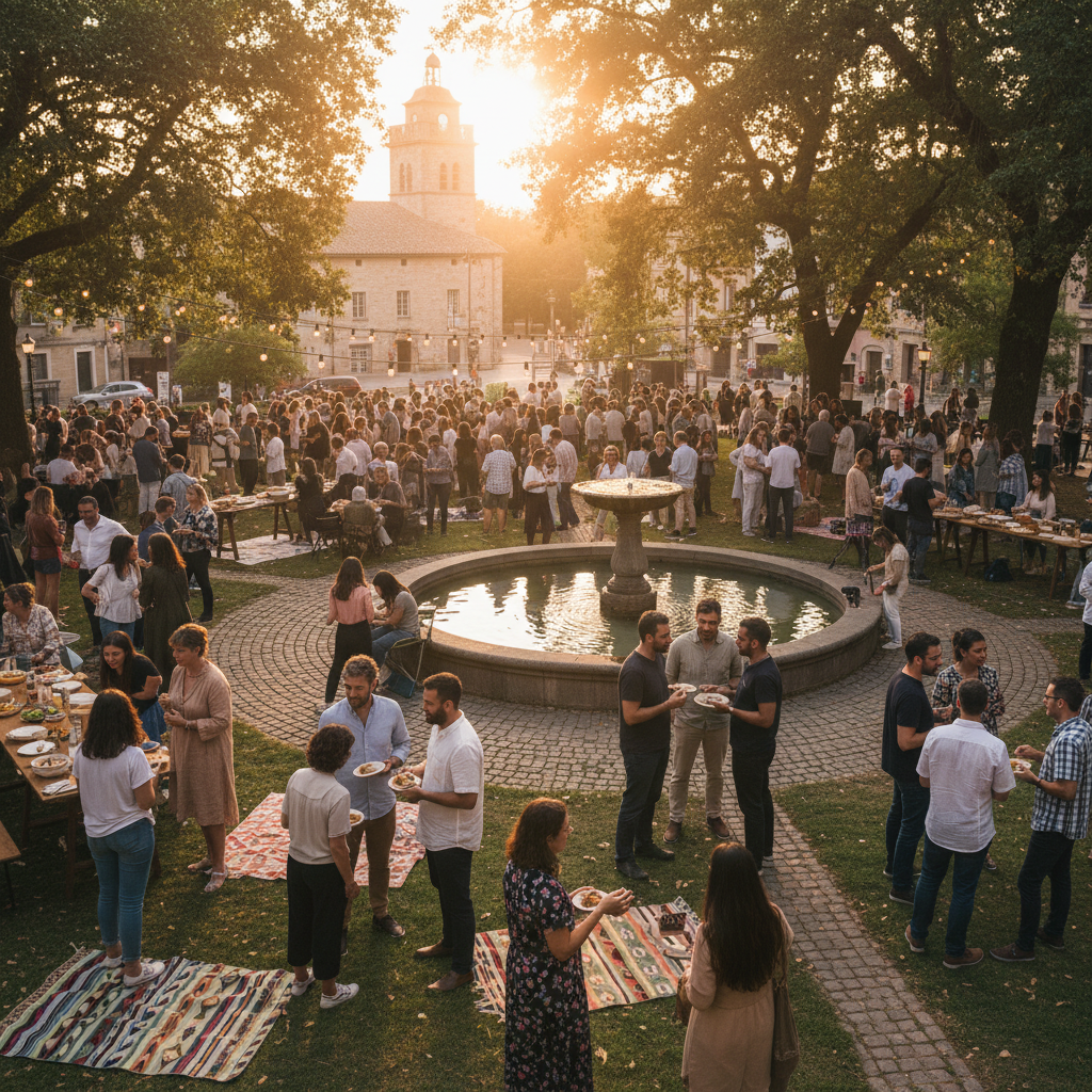 Cultural community gathering, warm golden light, people connecting through storytelling