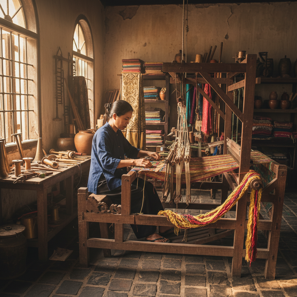 Vietnamese artisan weaving silk on traditional loom in old town workshop