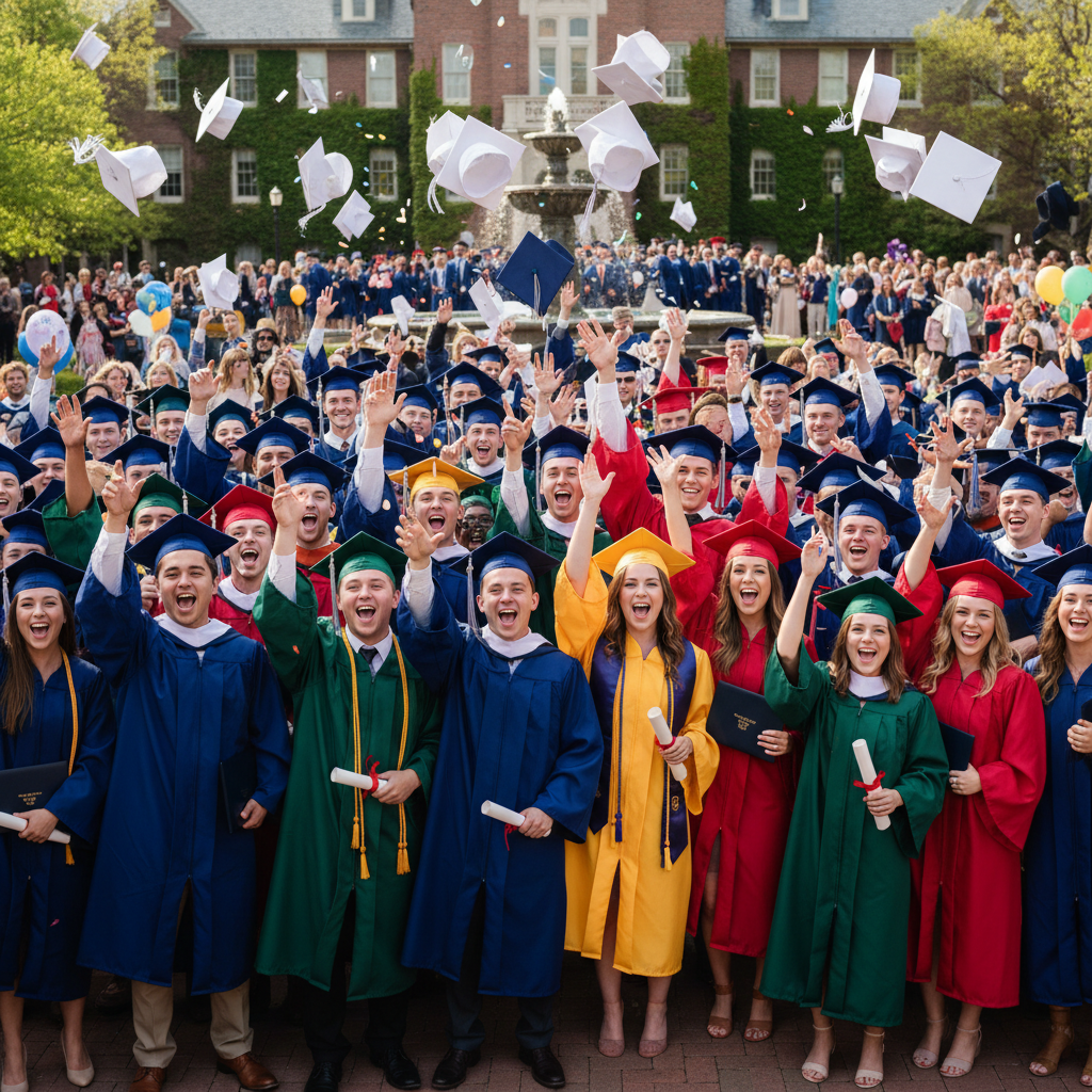 South African graduates celebrating in graduation gowns throwing caps in the air against a mountain background