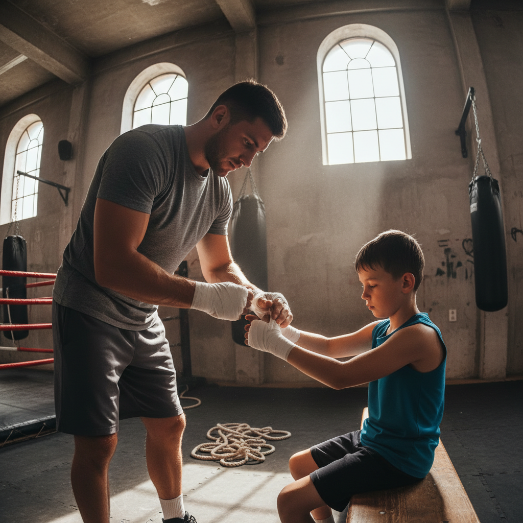 Youth boxing coach Devon Hargrove wrapping a young athlete's hands in a concrete-walled gym