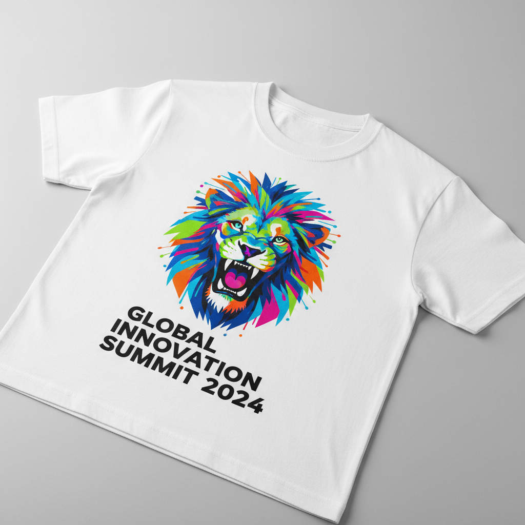White custom printed t-shirts with bold graphics stacked on a bright clean surface