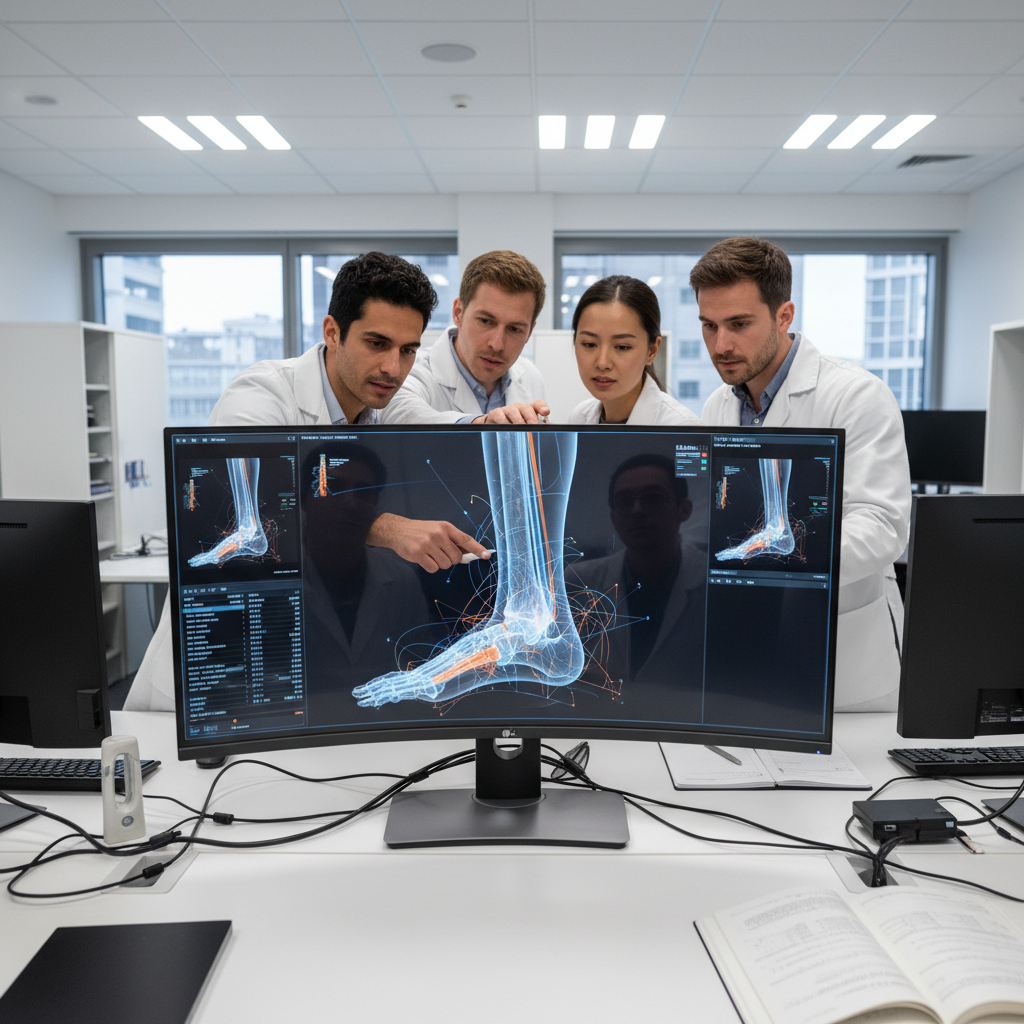 Podiatrist reviewing pressure scan data on clinical workstation showing foot pressure distribution map