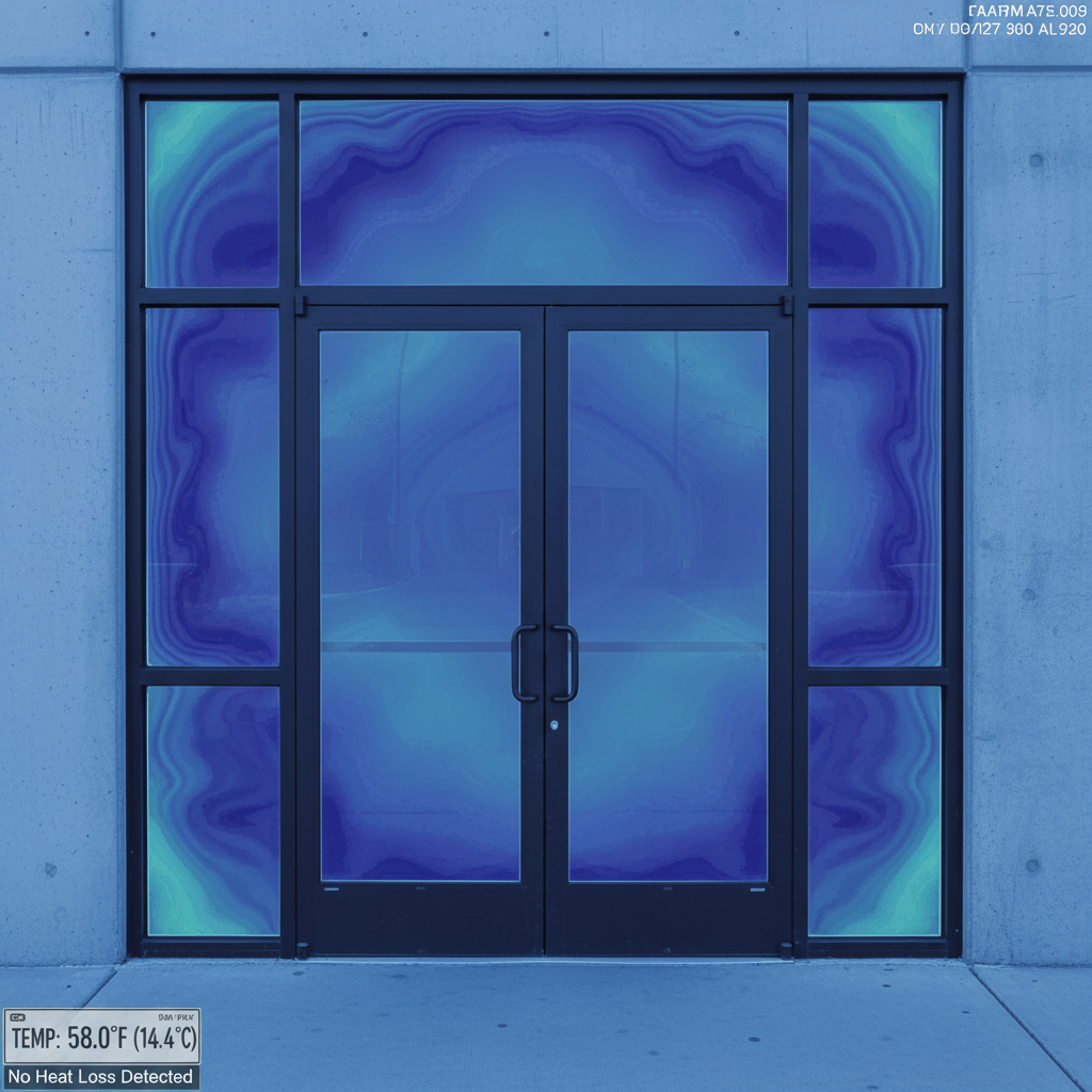 Thermal scan after Seal weatherproofing showing uniform blue and purple temperature distribution around commercial door frame with no heat loss