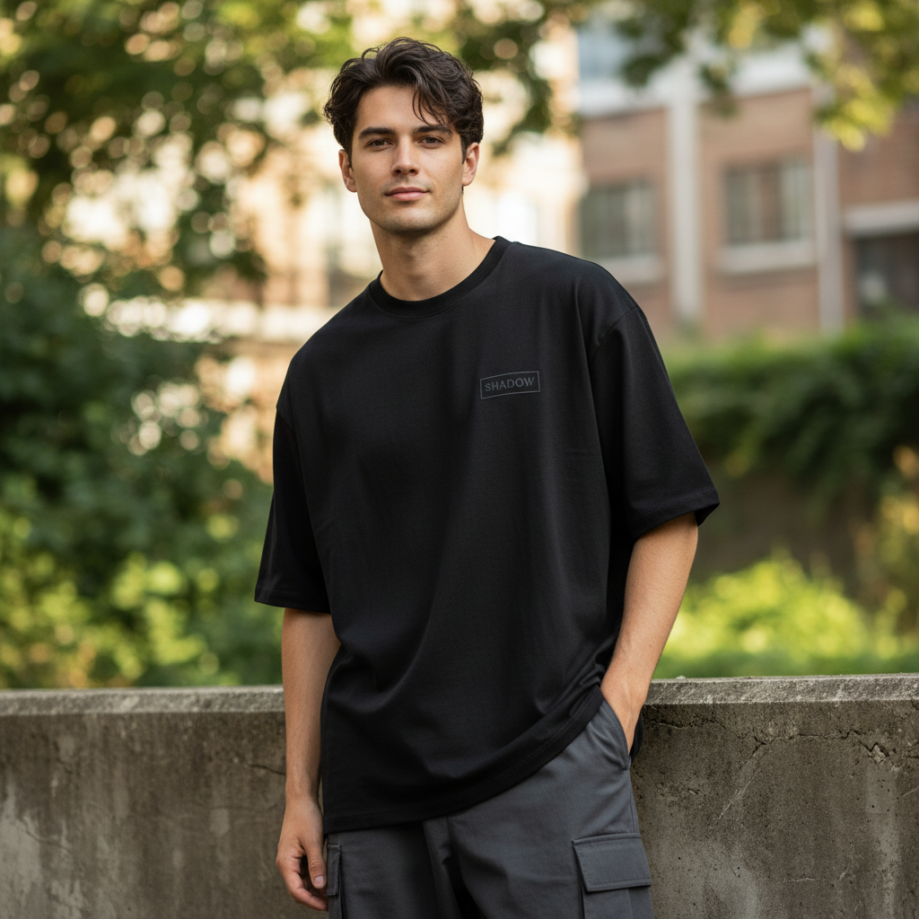 Oversized dark tee with minimal graphic print, model wearing it