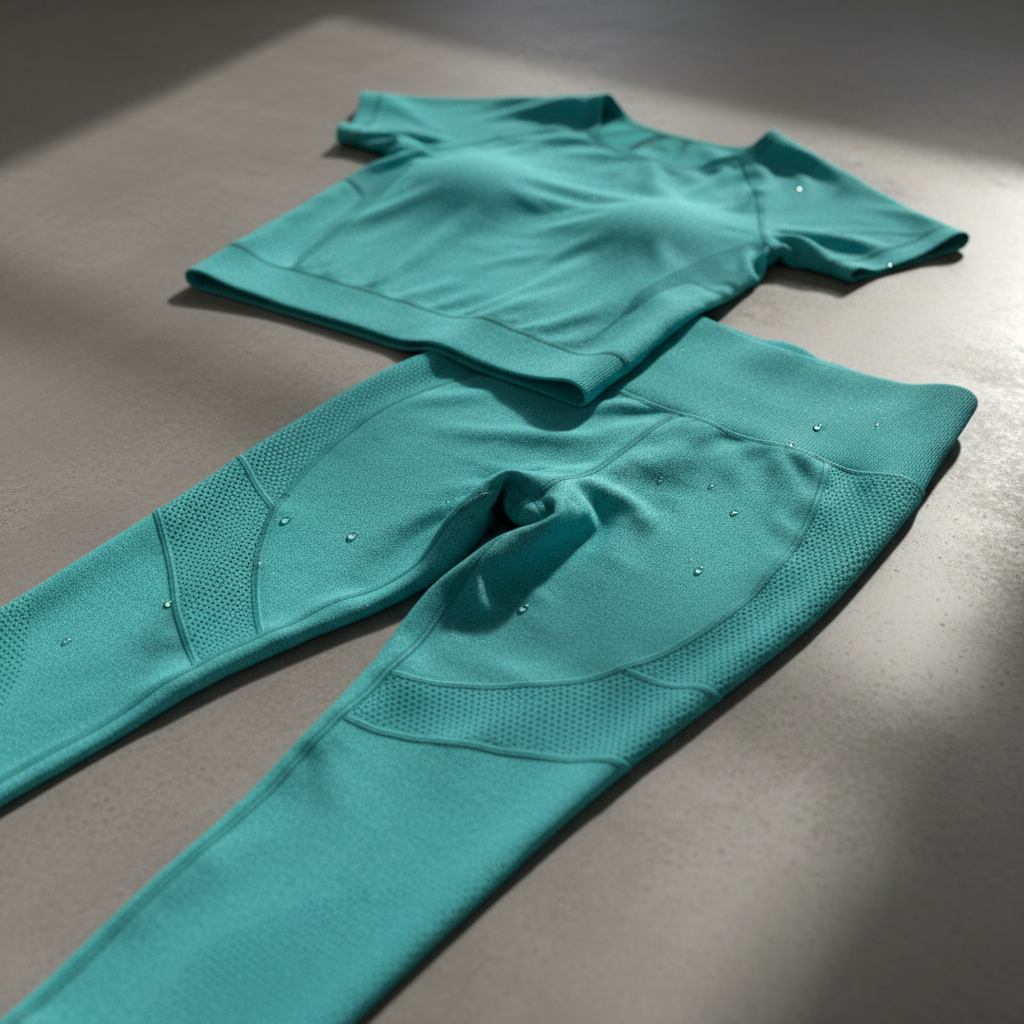 Athlete wearing teal zip-up warm-up jacket at gymnastics meet