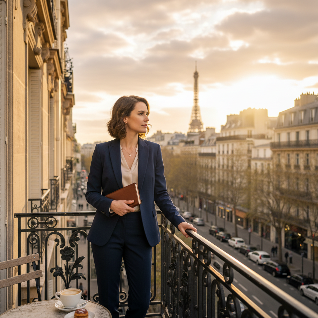 Elegant French executive photographed on Parisian balcony, golden hour light