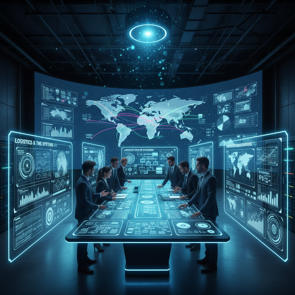 World logistics network map visualization on dark screen, dim blue ambient light, atmospheric dark office environment