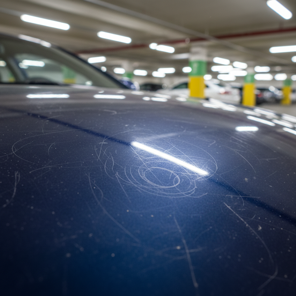 Hyundai paint surface showing swirl marks under parking garage fluorescent light before correction