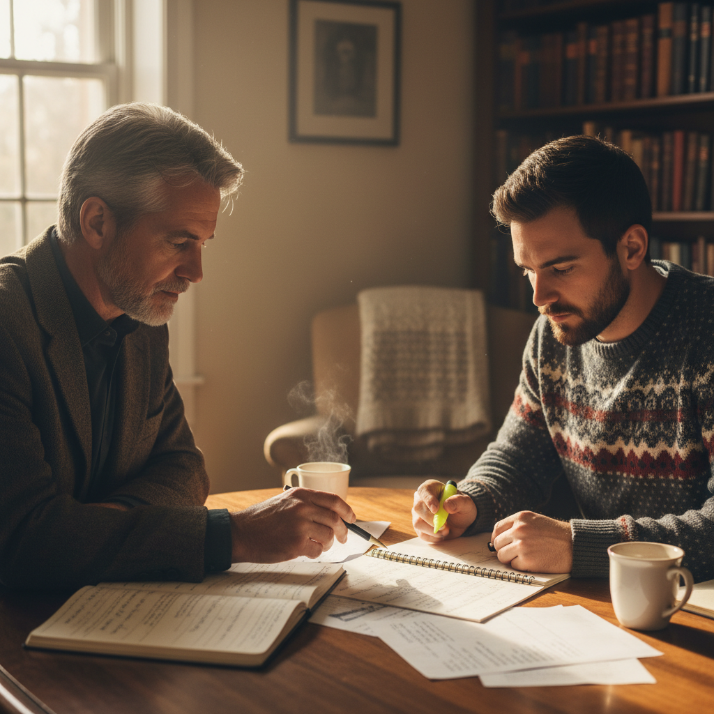 Mentor and mentee working through sermon notes at a table