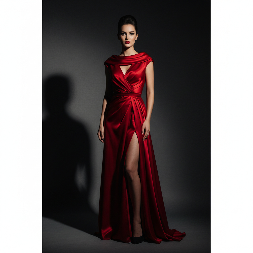 Elegant woman in a flowing dark evening gown, dramatic studio lighting, deep shadows, cinematic fashion photography