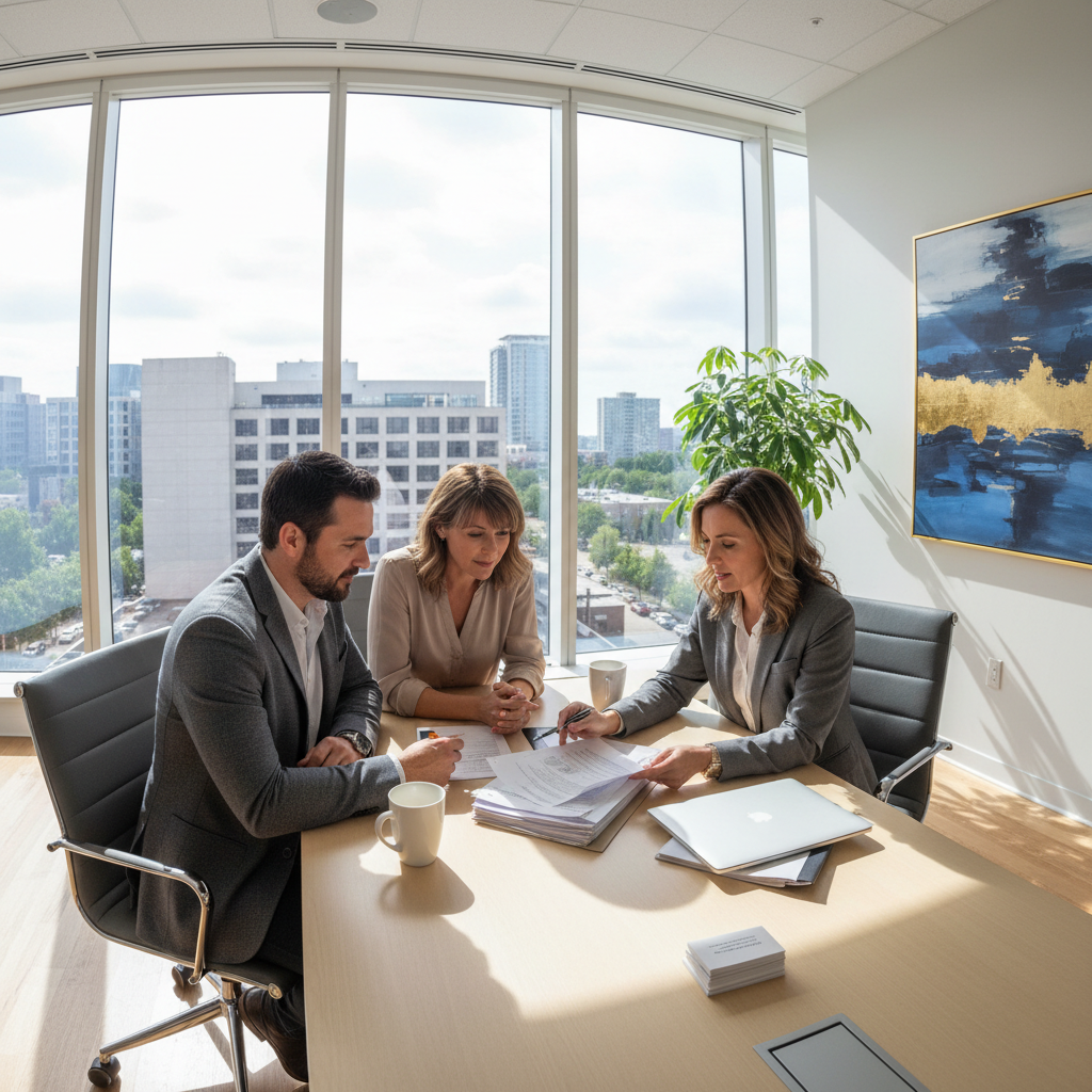 Professional advisor in bright modern office reviewing financial documents, clean well-lit workspace