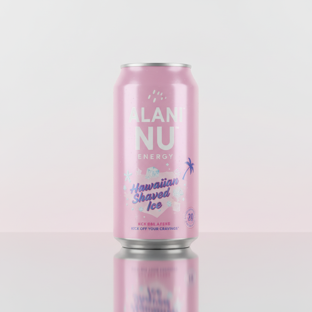 Pastel pink Alani Nu energy drink can in Hawaiian Shaved Ice flavor
