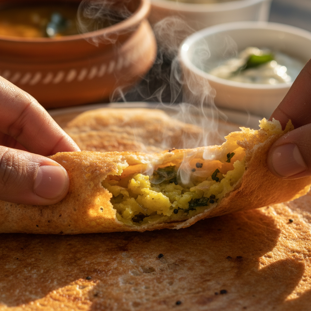 Crisp ghee roast dosa mid-tear, steam escaping from potato masala inside, fingertips glistening, warm golden hour side-light catching every bubble and char mark