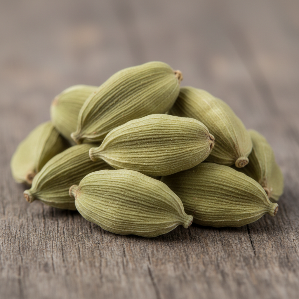 Green cardamom pods in a small pile showing their pale green wrinkled skin