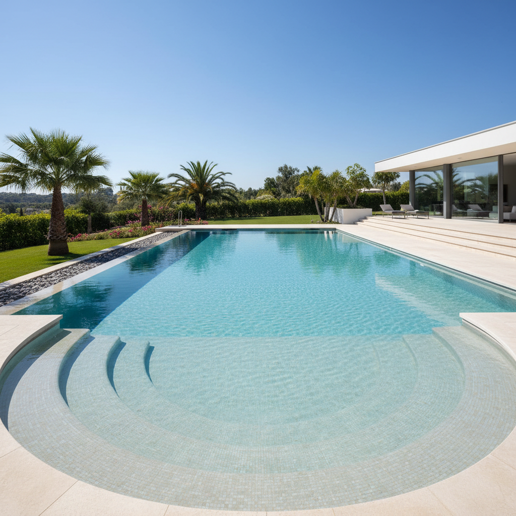 Piscine coque Elegance XL fond incliné, grande taille, eau cristalline, espace de nage généreux