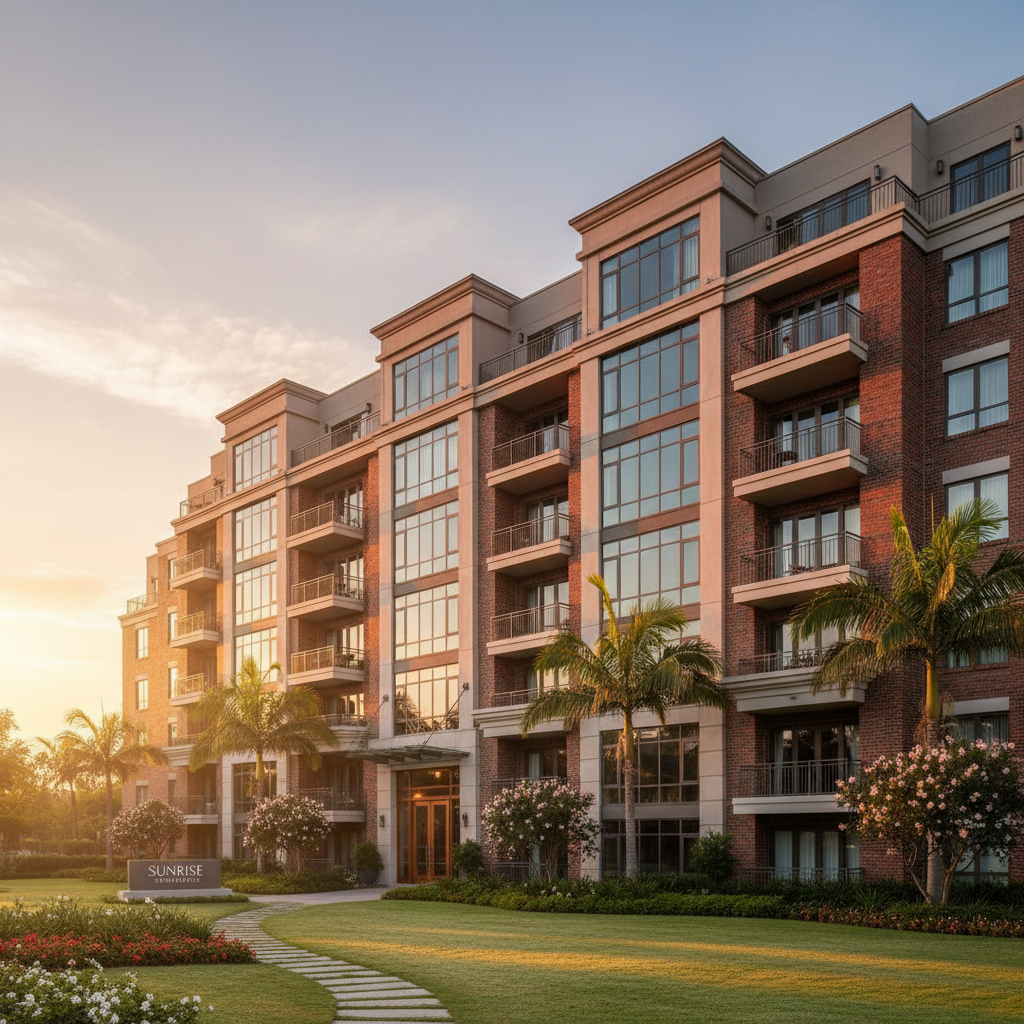 Modern apartment complex with balconies and parking