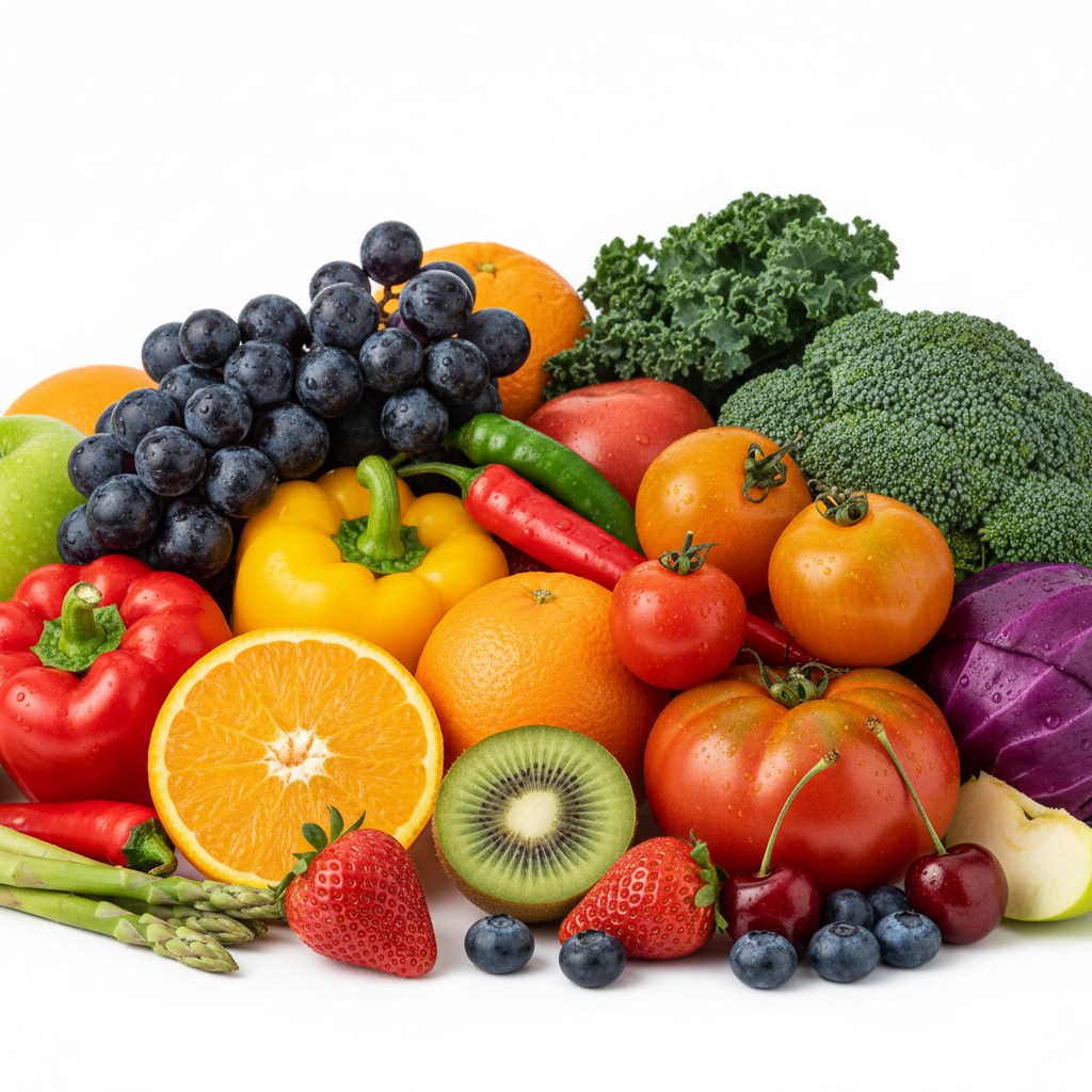 Colorful assortment of fresh fruits and vegetables on white background in bright natural light