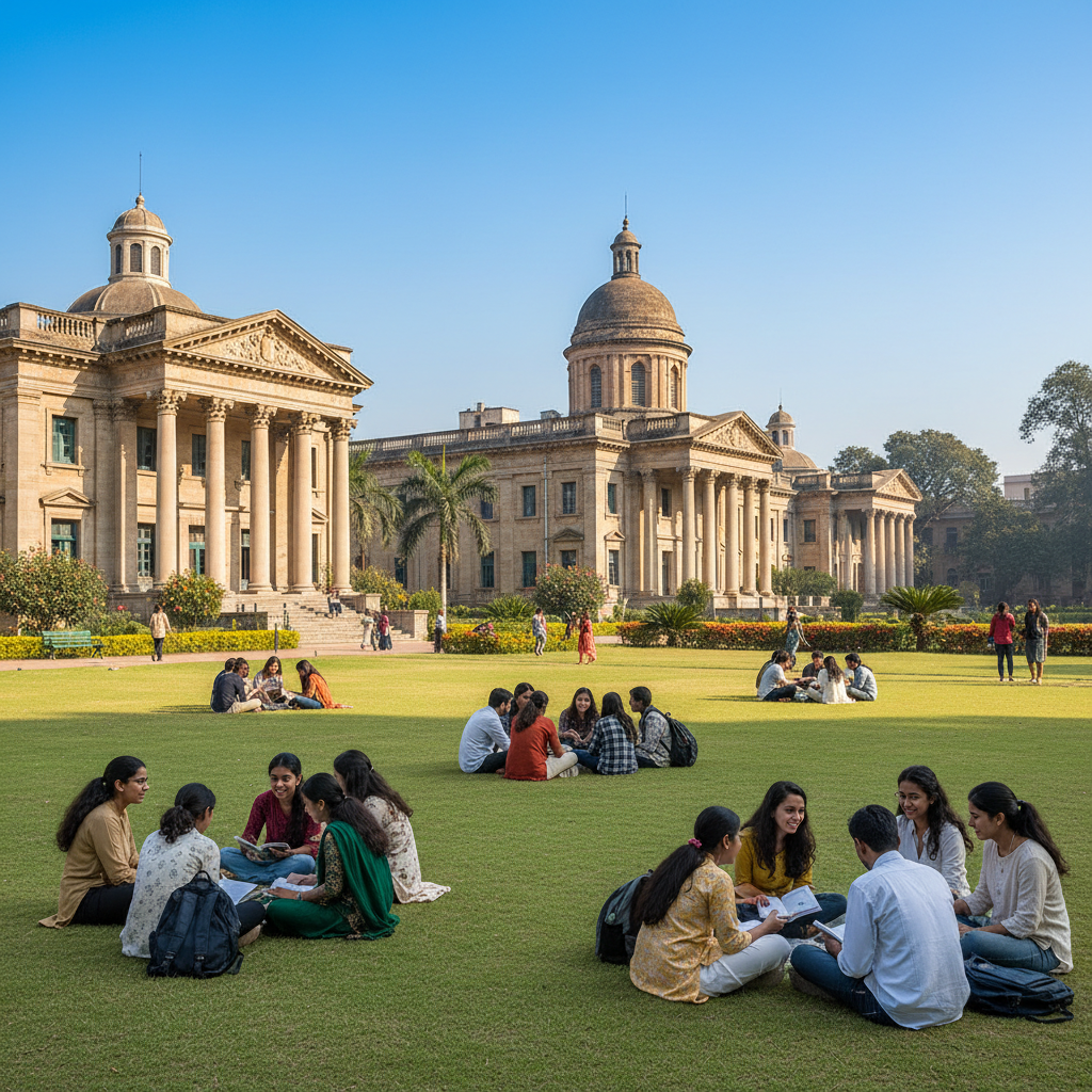 Jadavpur University campus with classic academic buildings and students gathered on lawns in Kolkata